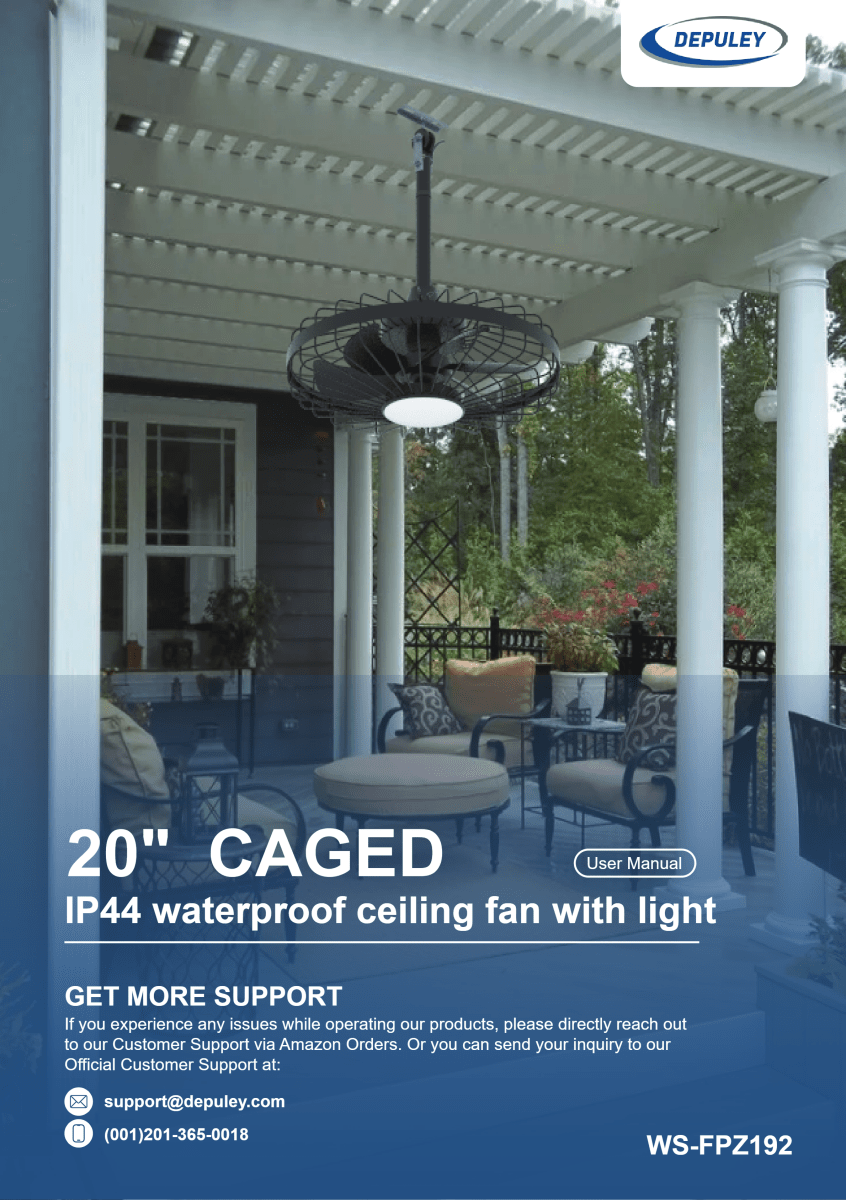 WS-FPZ192-18C | 20 inch Caged IP44 Waterproof Down Rod Fan Light in Black | User Manual - DEPULEY