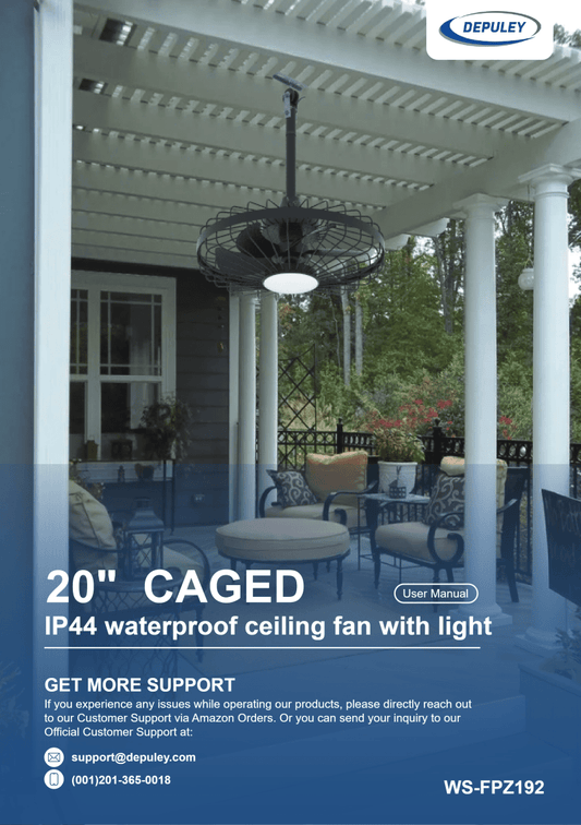 WS-FPZ192-18C | 20 inch Caged IP44 Waterproof Down Rod Fan Light in Black | User Manual - DEPULEY