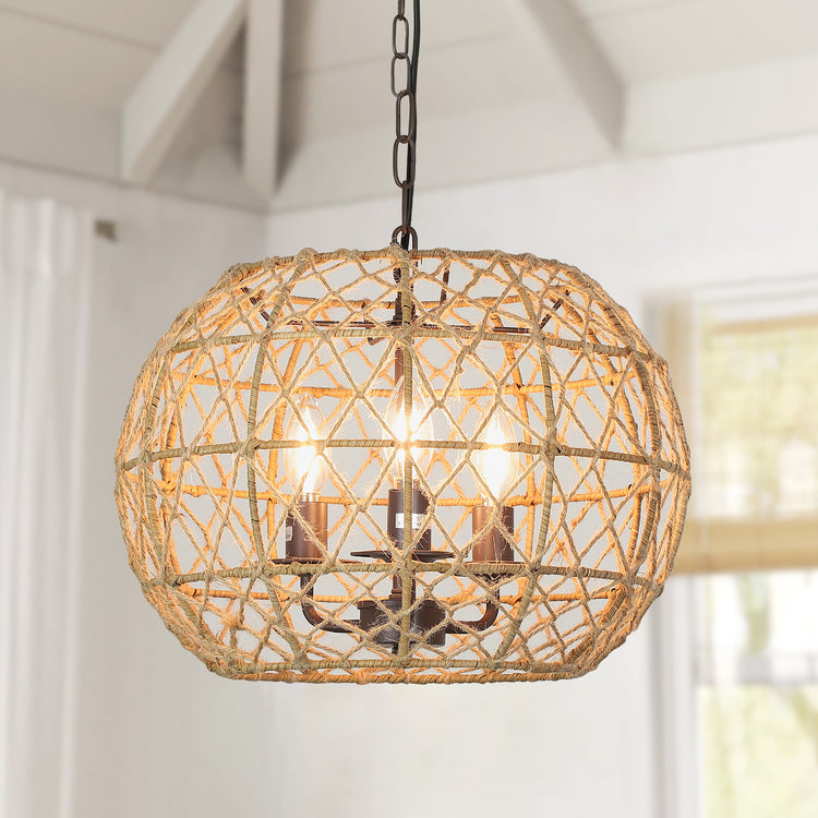 Depuley Rustic Woven Pendant Light, 3-Light Metal Basket Hanging Lights Fixture with Hemp Rope Finish, 39 Inch Adjustable Chain Vintage Chandeliers for Kitchen/Dining Table/Living Room