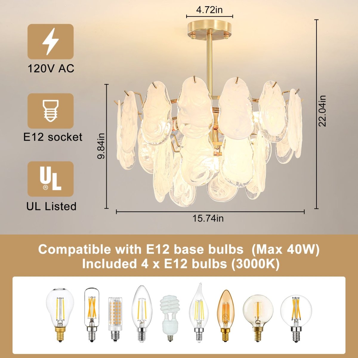 16 Inch French Cloud Glass Chandelier, 4-Light Modern Semi Flush Mount Ceiling Light, Crystal Chandelier with 2-Tire Cloud Glass Lampshade for Bedroom, LED Bulbs Included - WS-FPC53-D400-4C2 2 | DEPULEY