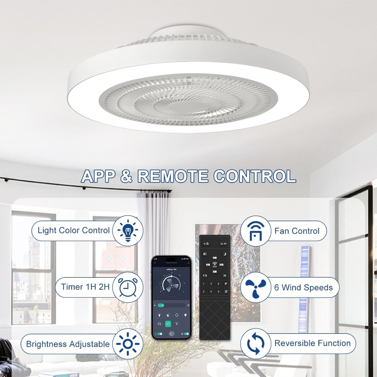 19" White Ceiling Fan with Light and Remote - WS-FPZ223-20C-WH-B 7 | DEPULEY