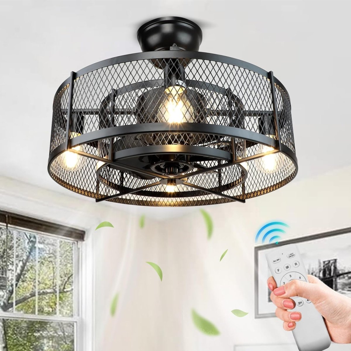 20'' Caged Industrial Ceiling Fan with Lights Remote Control, Black Farmhouse Ceiling Fans Rustic Bladeless Ceiling Fan with Remote DC Motor for Living Room Bedroom Kitchen - WS-FPZ10-60B 1 | DEPULEY