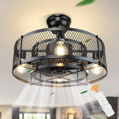 20'' Caged Industrial Ceiling Fan with Lights Remote Control, Black Farmhouse Ceiling Fans Rustic Bladeless Ceiling Fan with Remote DC Motor for Living Room Bedroom Kitchen - WS-FPZ10-60B 2 | DEPULEY