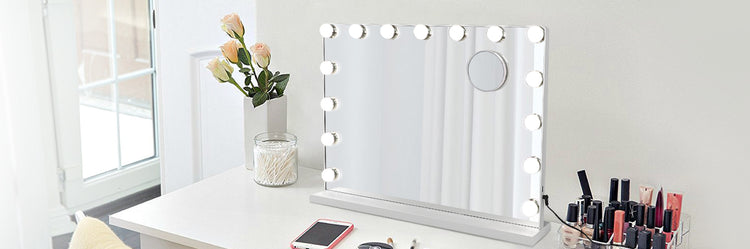 Depuley 23 x 18 In Vanity Mirror with Lights, Hollywood Large Lighted Makeup Mirror with Smart Touch Control Screen & USB-Powered 15 Dimmable LED Lights for Dressing Room, Bedroom, Tabletop, White, 58 x 44 cm