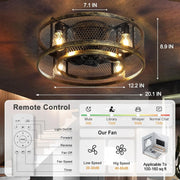 26'' Farmhouse Caged Ceiling Fan with Lights Remote Control, Flush Mount Bladeless Rustic Ceiling Fan for Low Ceiling Indoor Living Room Bedroom Kitchen - WS - FPZ57 - 60B - BC 15 | DEPULEY