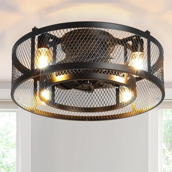 26'' Farmhouse Caged Ceiling Fan with Lights Remote Control, Flush Mount Bladeless Rustic Ceiling Fan for Low Ceiling Indoor Living Room Bedroom Kitchen - WS - FPZ57 - 60B 16 | DEPULEY