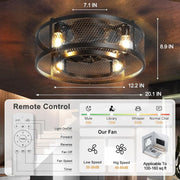 26'' Farmhouse Caged Ceiling Fan with Lights Remote Control, Flush Mount Bladeless Rustic Ceiling Fan for Low Ceiling Indoor Living Room Bedroom Kitchen - WS - FPZ57 - 60B 17 | DEPULEY