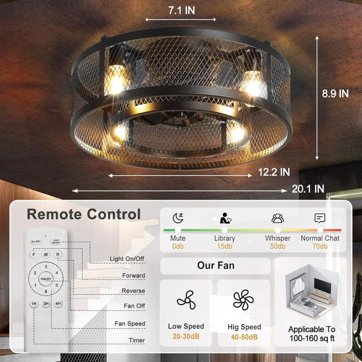 26'' Farmhouse Caged Ceiling Fan with Lights Remote Control, Flush Mount Bladeless Rustic Ceiling Fan for Low Ceiling Indoor Living Room Bedroom Kitchen - WS - FPZ57 - 60B 17 | DEPULEY