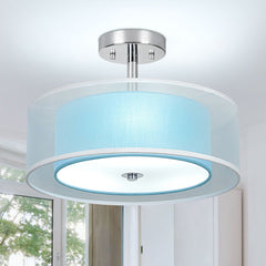 3-Light Semi Flush Mount Ceiling Light Fixture, 15'' Blue Drum Light Ceiling Hanging with Double Fabric Shade, Modern Close to Ceiling Lamp for Living Room Bedroom Kitchen Dining Room Entry Foyer - WS-FNC53-60B 2 | DEPULEY