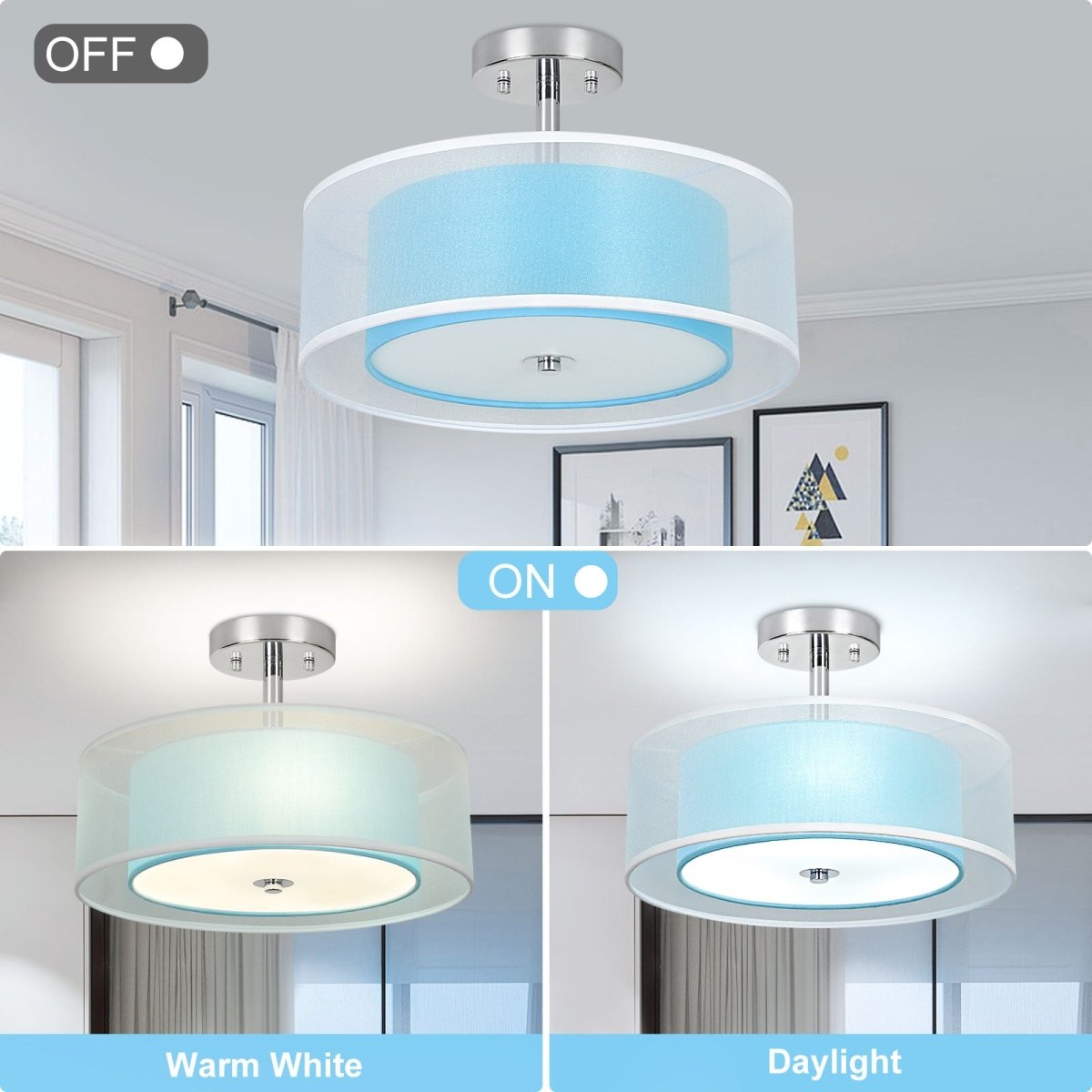 3 Light Semi Flush Mount Ceiling Light Fixture 15 Blue Drum Light Ceiling Hanging with Double Fabric Shade Modern Close to Ceiling Lamp for Living Room Bedroom Kitchen Dining Room Entry Foyer