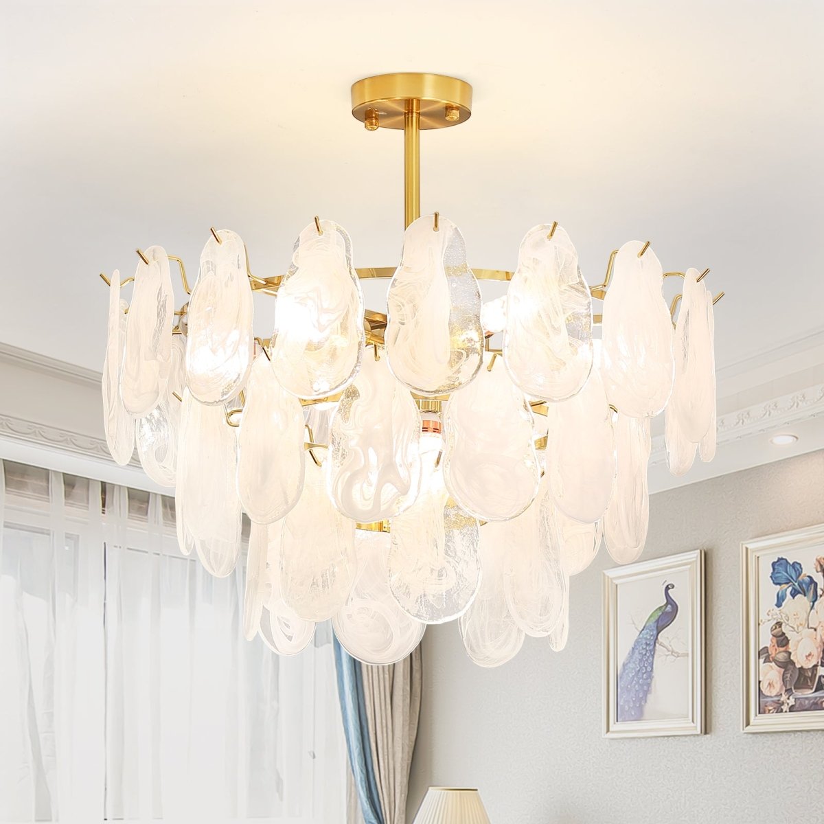 6 Light Modern Semi Flush Mount Ceiling Light 20 Crystal Chandelier Ceiling Light Fixtures with 3 Tire Cloud Glass Lampshade for Bedroom Included 6