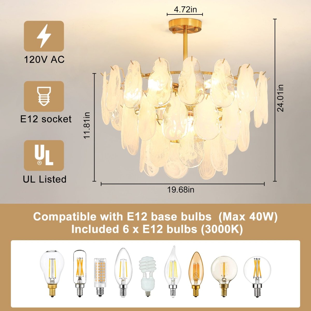 6-Light Modern Semi Flush Mount Ceiling Light, 20" Crystal Chandelier Ceiling Light Fixtures with 3-Tire Cloud Glass Lampshade for Bedroom, Included 6 LED Bulbs, UL Listed+ - WS-FPC53-D500-6C3 2 | DEPULEY