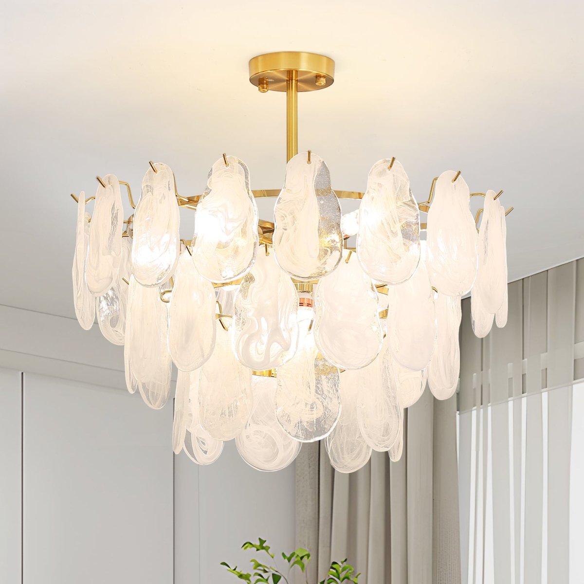 6-Light Modern Semi Flush Mount Ceiling Light, 20" Crystal Chandelier Ceiling Light Fixtures with 3-Tire Cloud Glass Lampshade for Bedroom, Included 6 LED Bulbs, UL Listed+ - WS-FPC53-D500-6C3 1 | DEPULEY