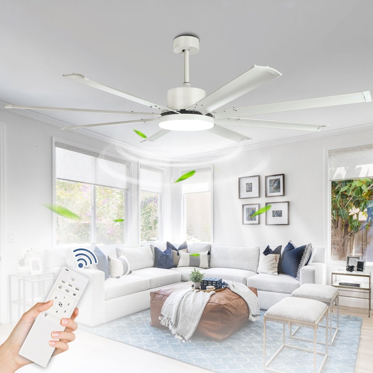72 Inch Ceiling Fans with Lights and Remote, White Large Ceiling Fan, 6-Speed 8 Aluminum Reversible Blades DC Motor, Industrial Ceiling Fan for Kitchen Living Room Playroom Indoor/Outdoor - WS-FPZ57-24C-8-W 1 | DEPULEY