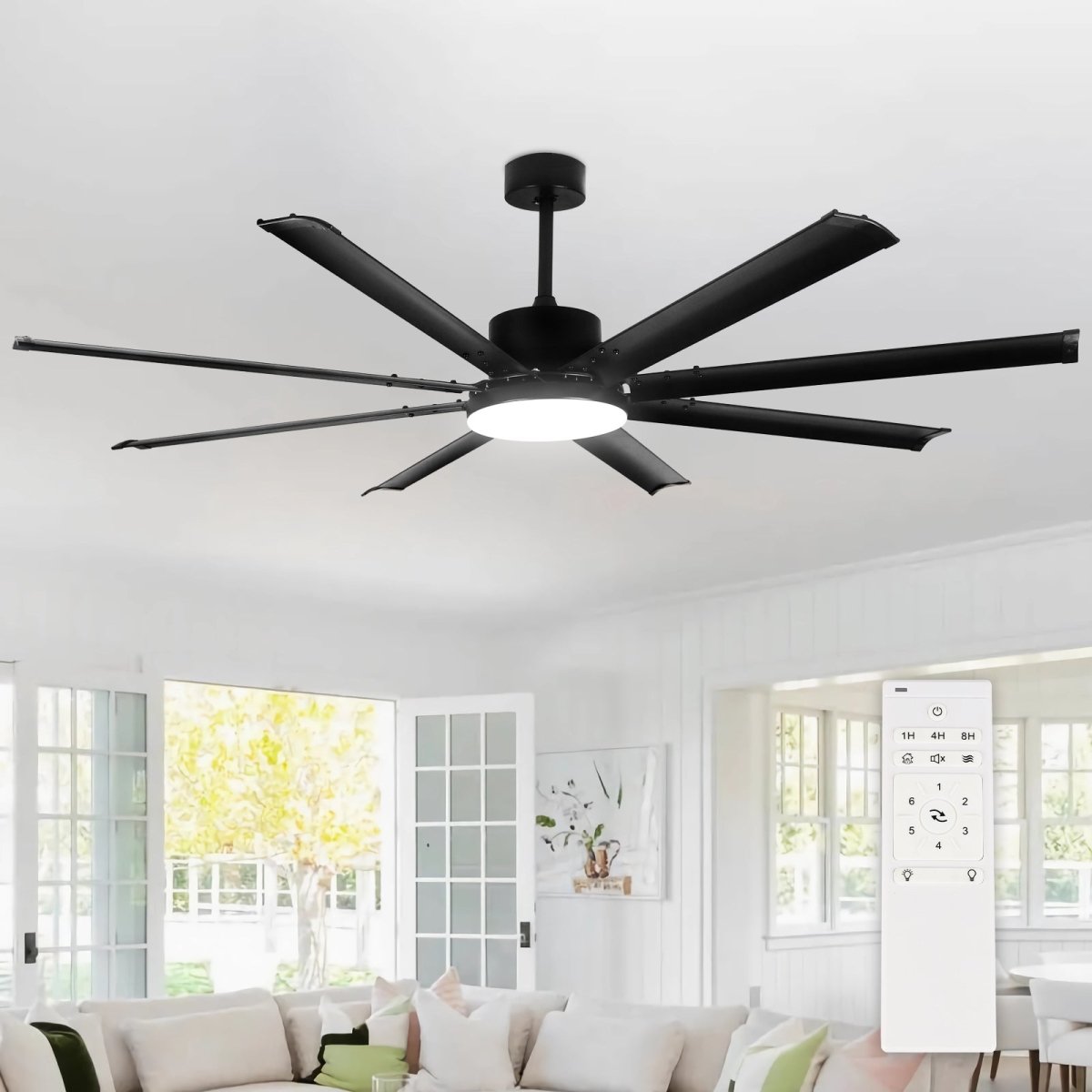72" Large Ceiling Fan with Lights and Remote Control, Farmhouse Black LED Ceiling Fan, Reversible Motor and 8 Aluminum Blades, 3CCT Selectable Fan Lights for Living Room Porch Patio, 6-Speed, Timer - WS-FPZ57-24C-8-B 1 | DEPULEY