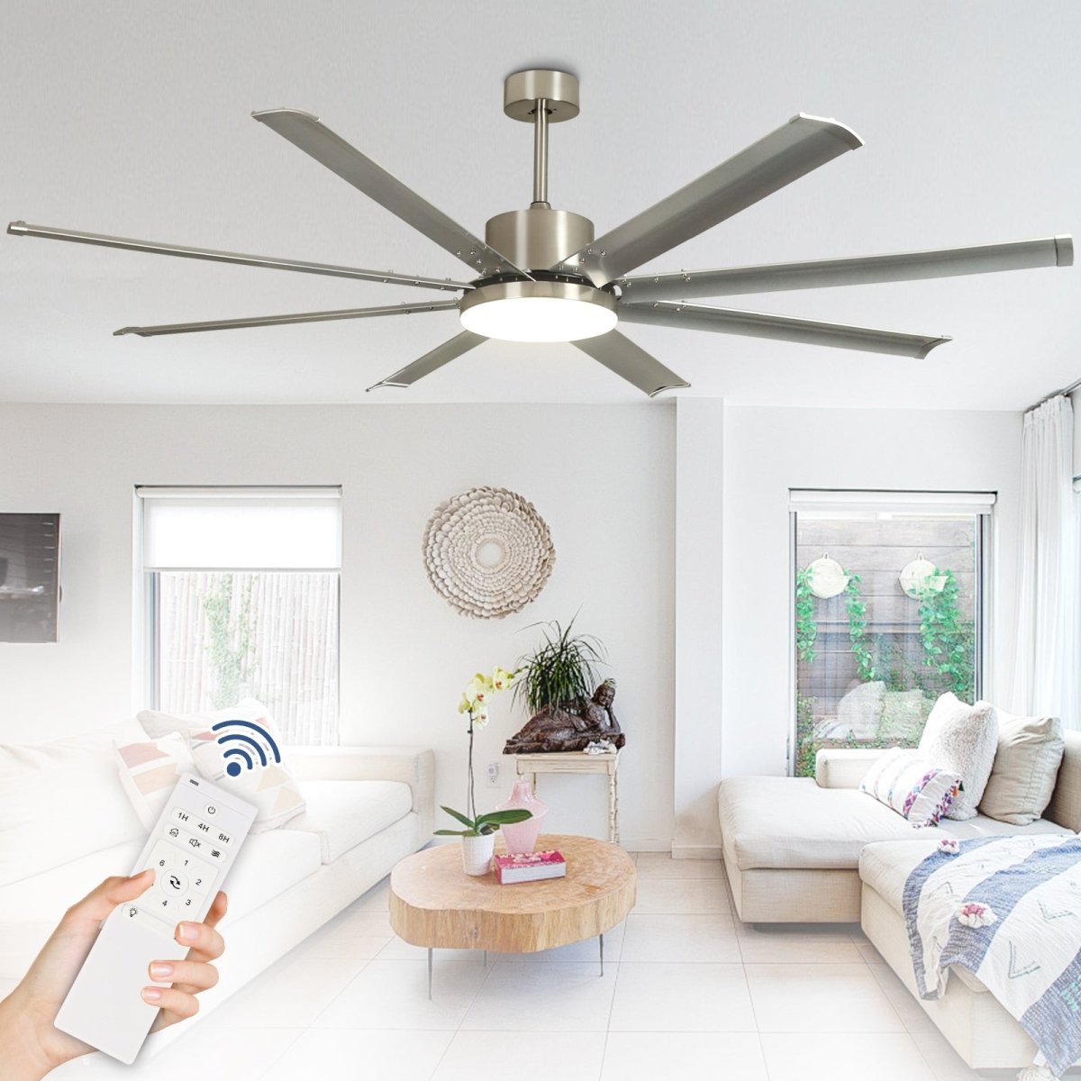 80" Ceiling Fans with Lights and Remote, 8 Aluminum Blades Sand Nickel & Silver Ceiling Fans, 6-Speed DC Motor, Farmhouse Ceiling Fan with Light for Kitchen Living Room Bedroom Farmhouse - WS-FPZ58-24C-8-NS 1 | DEPULEY