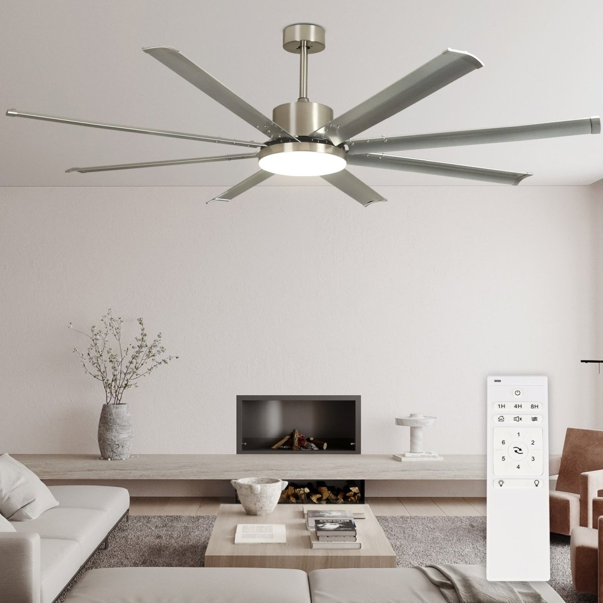 80" Ceiling Fans with Lights and Remote, 8 Aluminum Blades Sand Nickel & Silver Ceiling Fans, 6-Speed DC Motor, Farmhouse Ceiling Fan with Light for Kitchen Living Room Bedroom Farmhouse - WS-FPZ58-24C-8-NS 2 | DEPULEY