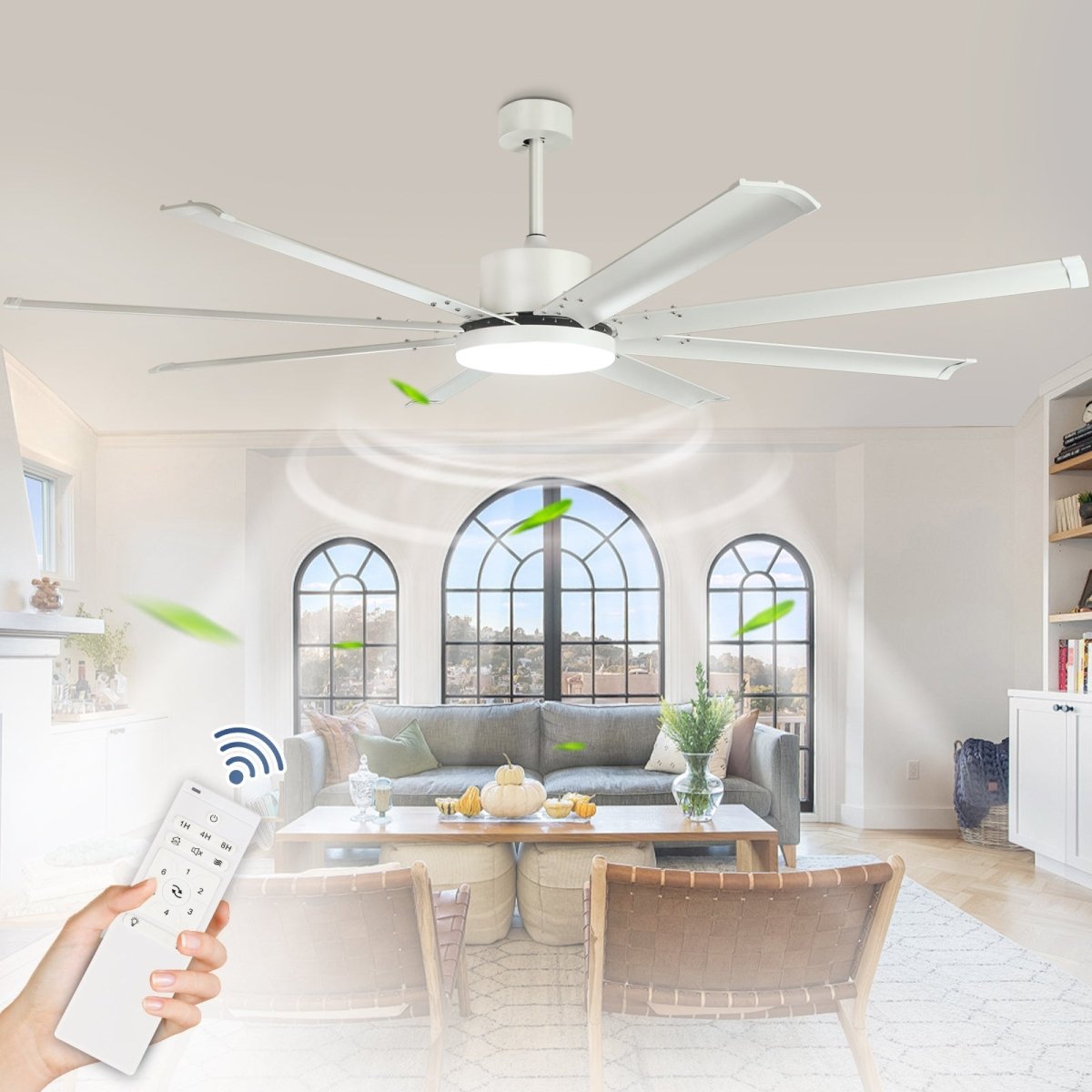 80 Inch Ceiling Fans with Lights and Remote, White Large Ceiling Fan, 6-Speed 8 Aluminum Reversible Blades DC Motor, Industrial Ceiling Fan for Kitchen Living Room Playroom Indoor/Outdoor - WS-FPZ58-24C-8-W 2 | DEPULEY