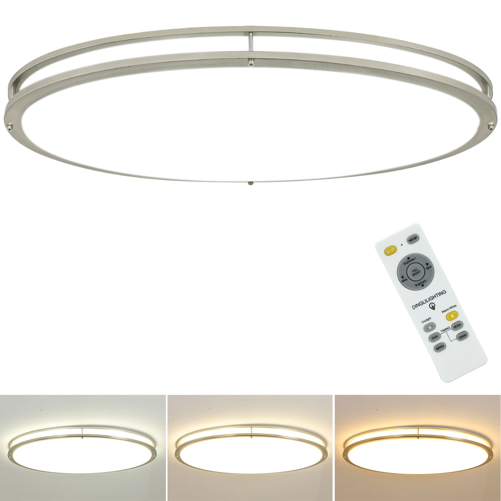 DLLT 65W Dimmable LED Flush Mount Ceiling Light with Remote, 32" Oval Brush Nickel Finish Close to Ceiling Light Fixture for Bedroom/Living Room/Kitchen Lighting, 3CCT Adjustable