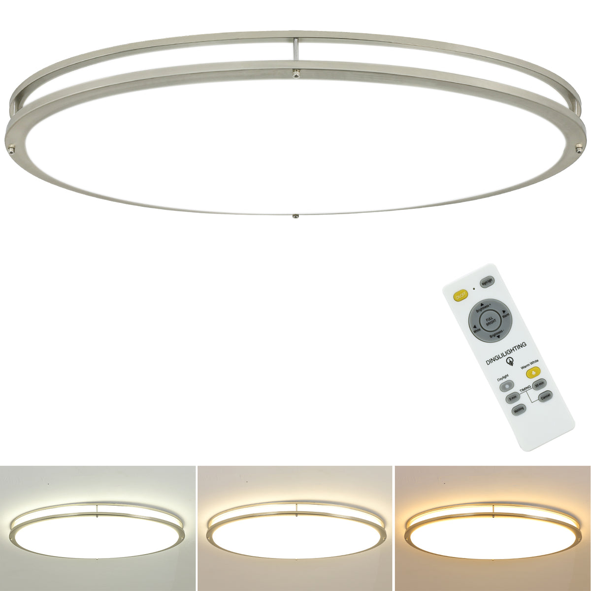DLLT 65W Dimmable LED Flush Mount Ceiling Light with Remote, 32" Oval Brush Nickel Finish Close to Ceiling Light Fixture for Bedroom/Living Room/Kitchen Lighting, 3CCT Adjustable