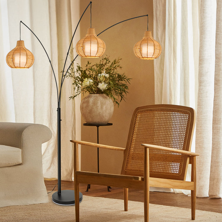 Depuley 3-Light LED Rattan Floor Lamp, Adjustable Modern Tall Standing Lamp, Farmhouse Arc Reading Floor Light with Bamboo Lampshades for Bedroom Living Room Office Study