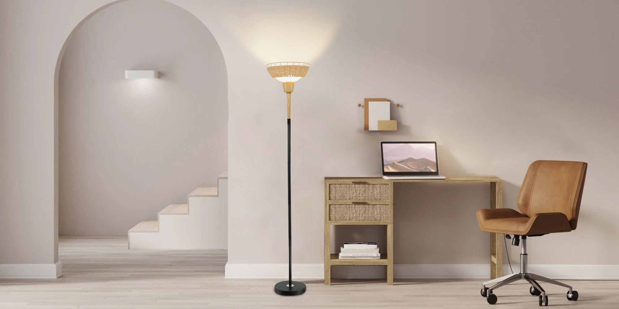 Depuley Sky LED Torchiere Standing Floor Lamp, Modern 69 inch Tall Pole Light with Rattan and Glass Shade, Uplight Lamps Lighting for Living Room Bedroom Office, 9W 3000K