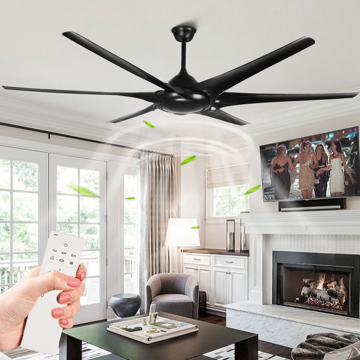Black Farmhouse Ceiling Fan No Light, 80 / 100 Inch Large Ceiling Fans with Remote 6 Reversible Blades 6-Speed Home or Commercial Ceiling Fans for Outdoor Covered Porch Garage Shop, No LIght - WS-FNZ58-6-B 2 | DEPULEY