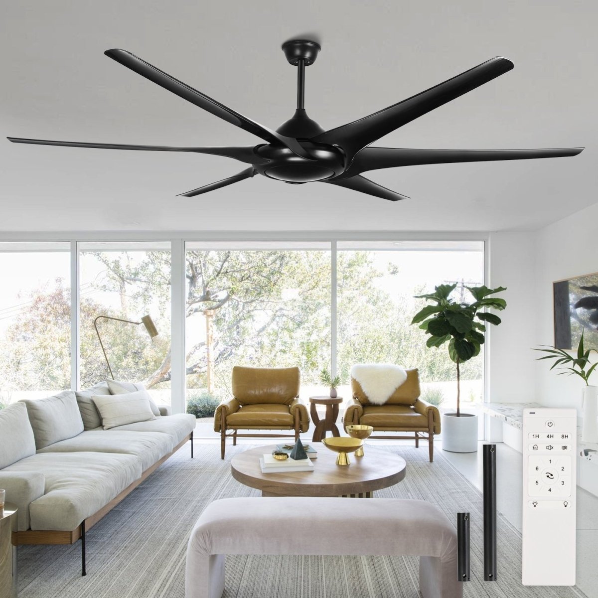 Black Farmhouse Ceiling Fan No Light, 80 / 100 Inch Large Ceiling Fans with Remote 6 Reversible Blades 6-Speed Home or Commercial Ceiling Fans for Outdoor Covered Porch Garage Shop, No LIght - WS-FNZ59-6-B 1 | DEPULEY