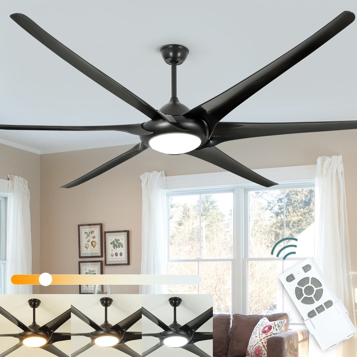 Depuley 100" Ceiling Fans with Lights and Remote, Large Black Ceiling Fan with Light LED, Modern Reversible Ceiling Fan with 5-Speed for Office & Covered Outdoor, Color Changeable 3000K-6000K, Timer - WS-FPZ34-24B 1 | DEPULEY