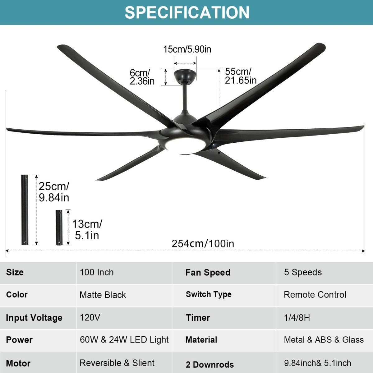 Depuley 100" Ceiling Fans with Lights and Remote, Large Black Ceiling Fan with Light LED, Modern Reversible Ceiling Fan with 5-Speed for Office & Covered Outdoor, Color Changeable 3000K-6000K, Timer - WS-FPZ34-24B 3 | DEPULEY