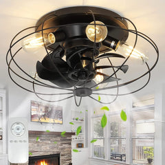 Depuley 19'' Close-to-Ceiling Fans Lights with Remote Control, Thickened Blades Semi-Enclosed Caged Design Ceiling Fan, Frosted Black Flush Mount Ceiling Fan for kitchen/Bedroom/Living Room/Farmhouse, Timer, Low Profile, 3-Level Wind Speed - WS-FPZ27-60B 1 | DEPULEY