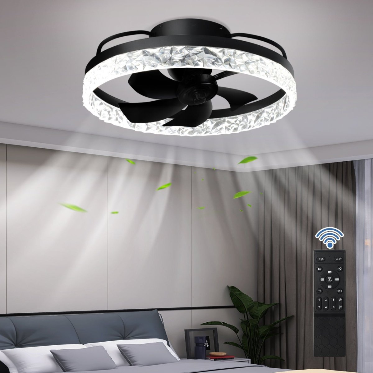Depuley 20In Modern Flush Mount Ceiling Fan with Lights, LED Low Profile Bladeless 360° Rotation Ceiling Fan, Dimmable 3 Color 6 Speeds Smart Timing Fandelier for Bedroom Living Room Kitchen, Black - WS-FPZ52-32C-BK 2 | DEPULEY