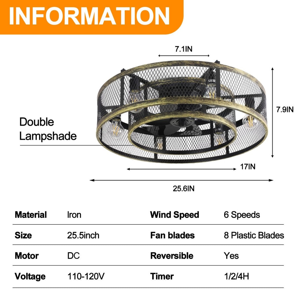 Depuley 25.6'' Caged Flush Mount Ceiling Fan with Lights Remote Control, Farmhouse Enclosed Ceiling Fan, Low Profile Vintage Ceiling Fan Lighting Fixture for Bedroom Kitchen - WS-FPZ58-60B-BC 13 | DEPULEY