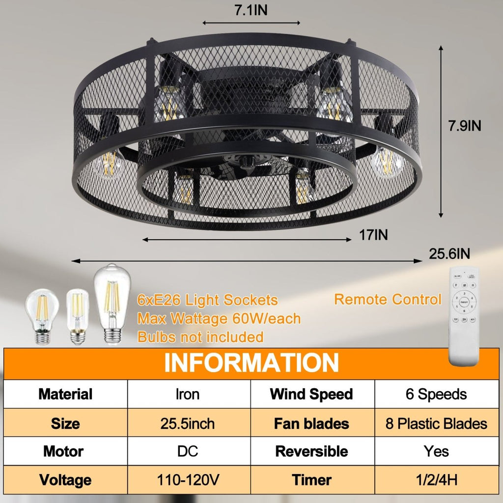 Depuley 25.6'' Caged Flush Mount Ceiling Fan with Lights Remote Control, Farmhouse Enclosed Ceiling Fan, Low Profile Vintage Ceiling Fan Lighting Fixture for Bedroom Kitchen - WS-FPZ58-60B 3 | DEPULEY