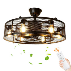Depuley 26” Farmhouse Ceiling Fan with 6 Lights, Industrial Indoor/Outdoor Ceiling Fan Lighting, Matte Black Flush Mount Ceiling Fan Lights, Cage Ceiling Fan with Remote 6 Speed Timing (Bulb Not Incl) - WS-FPZ17-60B 2 | DEPULEY