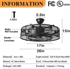 Depuley 26” Farmhouse Ceiling Fan with 6 Lights, Industrial Indoor/Outdoor Ceiling Fan Lighting, Matte Black Flush Mount Ceiling Fan Lights, Cage Ceiling Fan with Remote 6 Speed Timing (Bulb Not Incl) - WS-FPZ17-60B 3 | DEPULEY