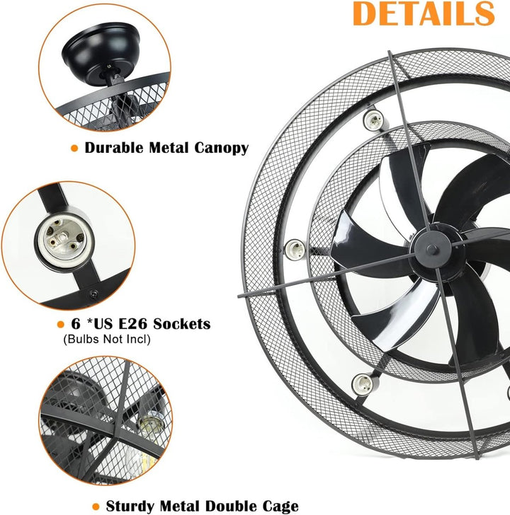 Depuley 26” Farmhouse Ceiling Fan with 6 Lights, Industrial Indoor/Outdoor Ceiling Fan Lighting, Matte Black Flush Mount Ceiling Fan Lights, Cage Ceiling Fan with Remote 6 Speed Timing (Bulb Not Incl) - WS-FPZ17-60B 4 | DEPULEY