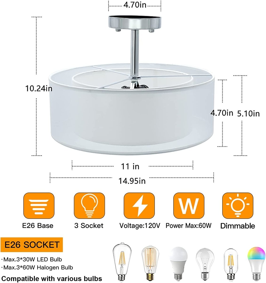 Depuley 3-Light Industrial Semi Drum Flush Mount Light, 15 Inch Double Drum Pendant Close to Ceiling Light Fixture for Bedroom, Dining Room, Kitchen, Hallway, Entry, Foyer, Living Room Lighting - WSCL31 4 | DEPULEY