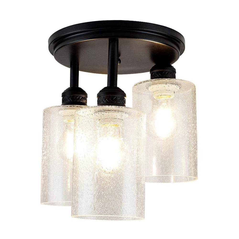 DLLT 3-Light Industrial Semi Flush Mount Light Fixture, 9.64 Inch Vintage Close to Ceiling Light with Bubbled Glass Shade, Pendant Lamp Lighting for Hallway/Kitchen/Entryway/Bedroom (Black)