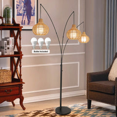 Depuley 3-Light LED Rattan Floor Lamp, Adjustable Modern Tall Standing Lamp, Farmhouse Arc Reading Floor Light with Bamboo Lampshades for Bedroom Living Room Office Study (Bulbs Included) - WS-MNF37-60B-Pre-order 2 | DEPULEY