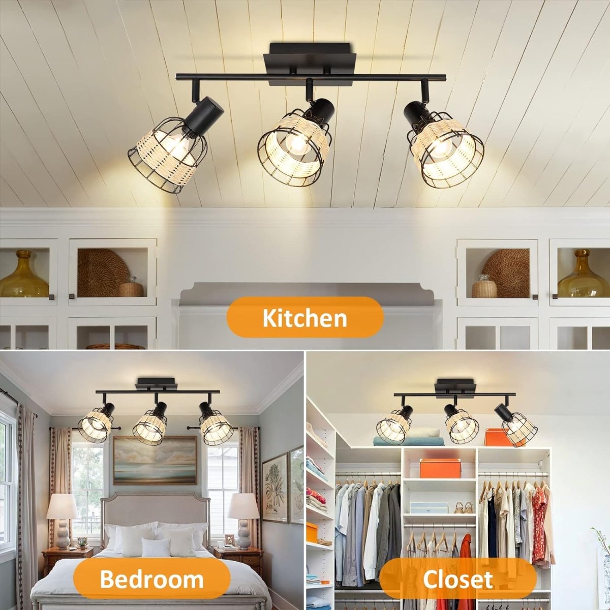 Depuley 3 Ways Adjustable Ceiling Light Black Metal and Weaving Lampshade Ceiling Spotlight for Kitchen Living Room Bedroom Dining Room Hallway Bulbs not Include DEPULEY
