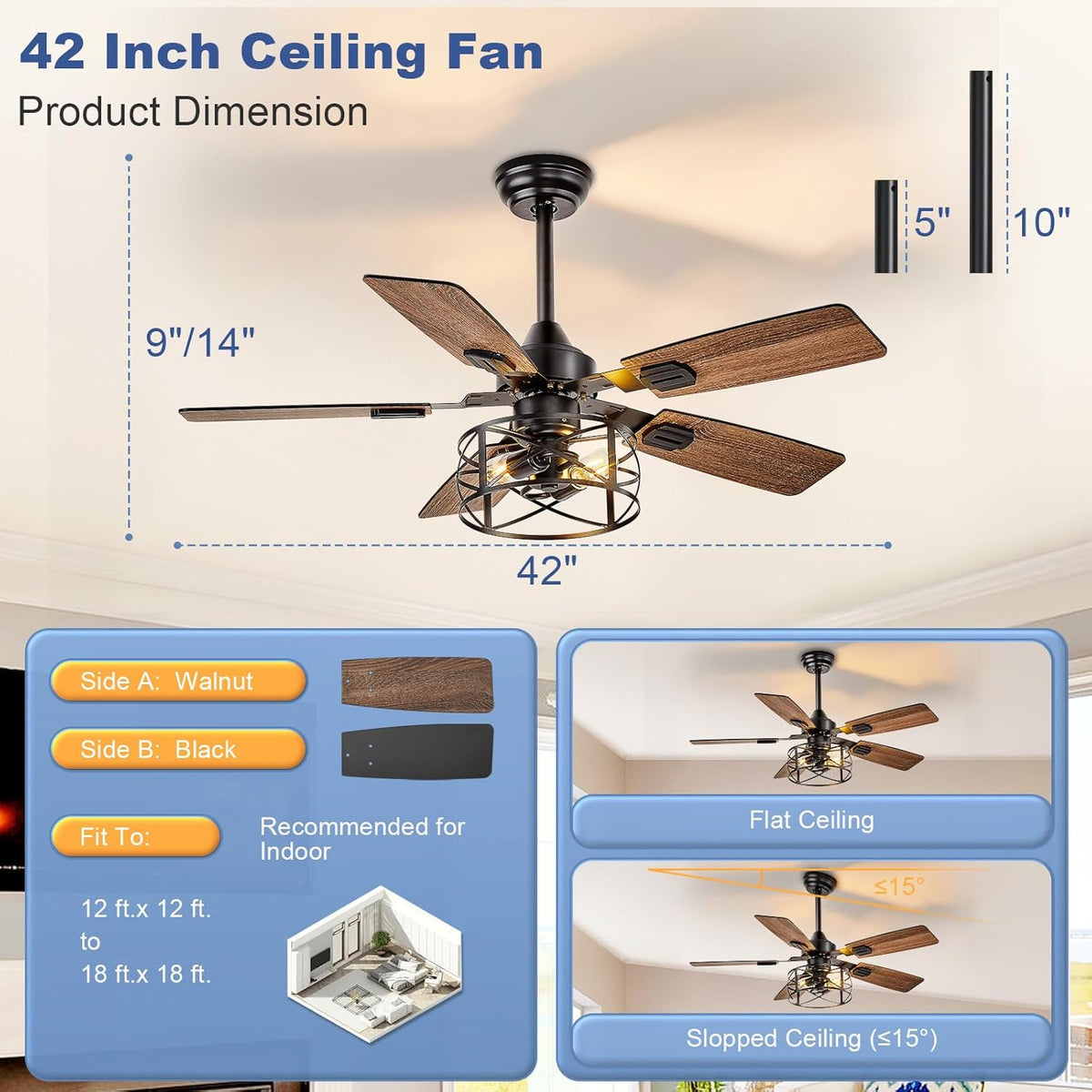 42" Caged Ceiling Fan with Light and Remote