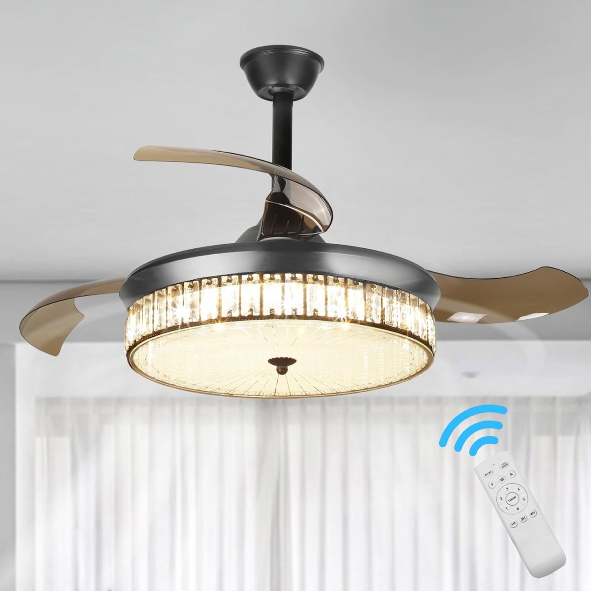 Depuley 42" Retractable Crystal Ceiling Fan with Light and Remote, Modern Fandelier with Reversible Invisible Blades, 3 Light Changes 6 Speeds, Noise-Free Chandelier Ceiling Fan for Bedroom, Living Room - WS-FPZ60-36C-BK 1 | DEPULEY