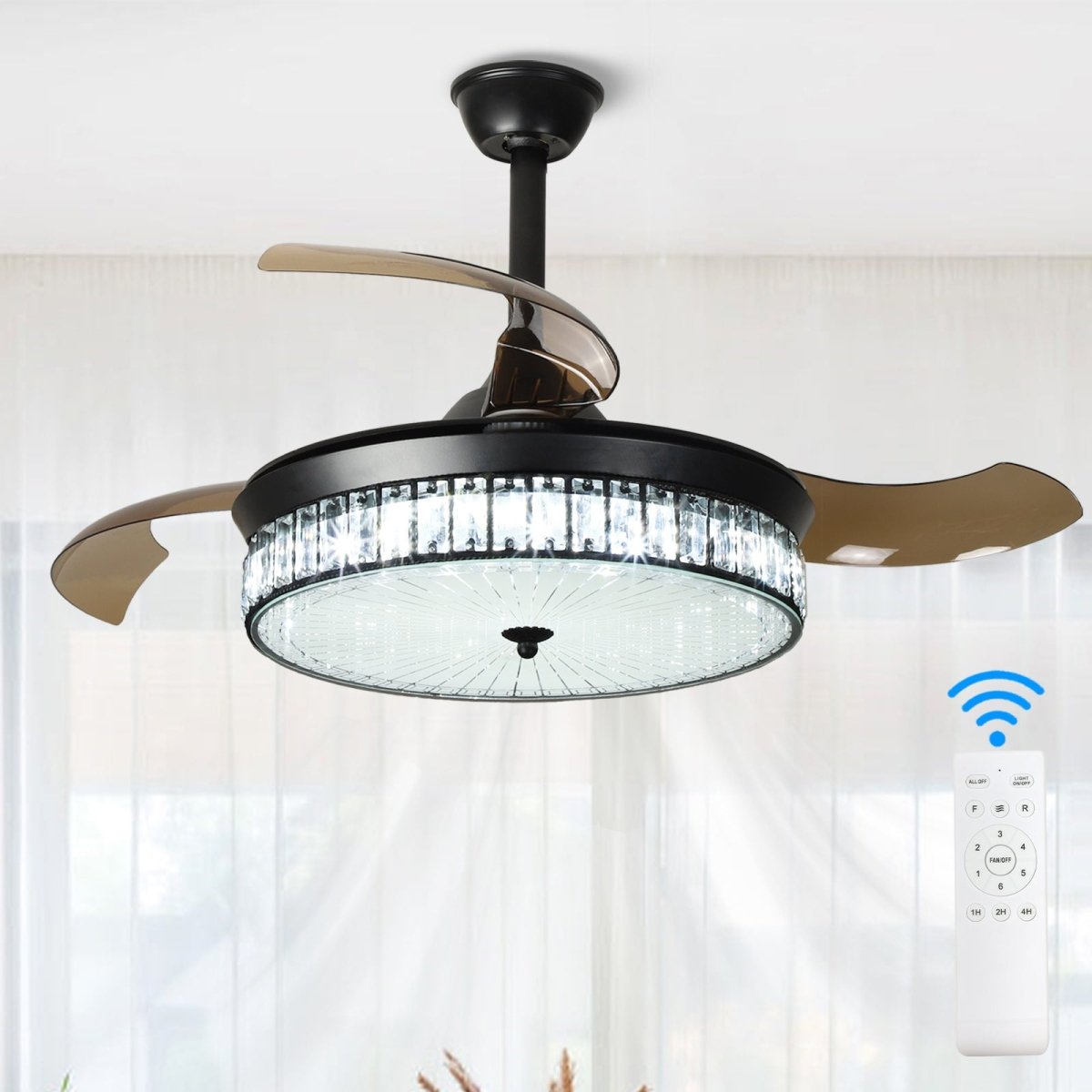 Depuley 42" Retractable Crystal Ceiling Fan with Light and Remote, Modern Fandelier with Reversible Invisible Blades, 3 Light Changes 6 Speeds, Noise-Free Chandelier Ceiling Fan for Bedroom, Living Room - WS-FPZ59-27C-BK 2 | DEPULEY