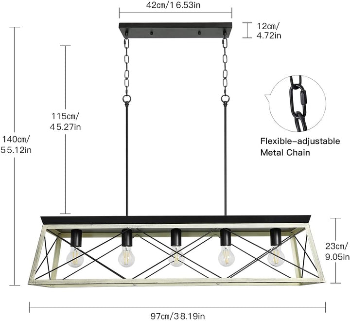 Depuley 5-Light Industrial Kitchen Island Pendant Light Fixture, Farmhouse Metal Chandelier Lighting Fixture Ceiling Hanging with Oak White Frame - WS-FND56-60B 2 | DEPULEY