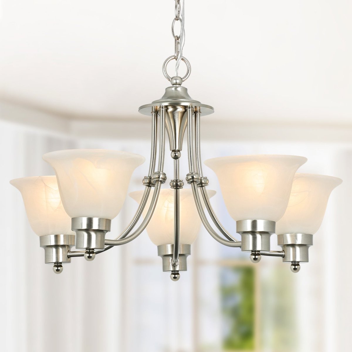 Depuley 5-Light Modern Chandelier Light Fixtures, 21" Contemporary Chandelier Brushed Nickel with Glass Shade, Adjustable Ceiling Hanging Pendant Lighting for Dining Room - WS-FND97-60B 1 | DEPULEY