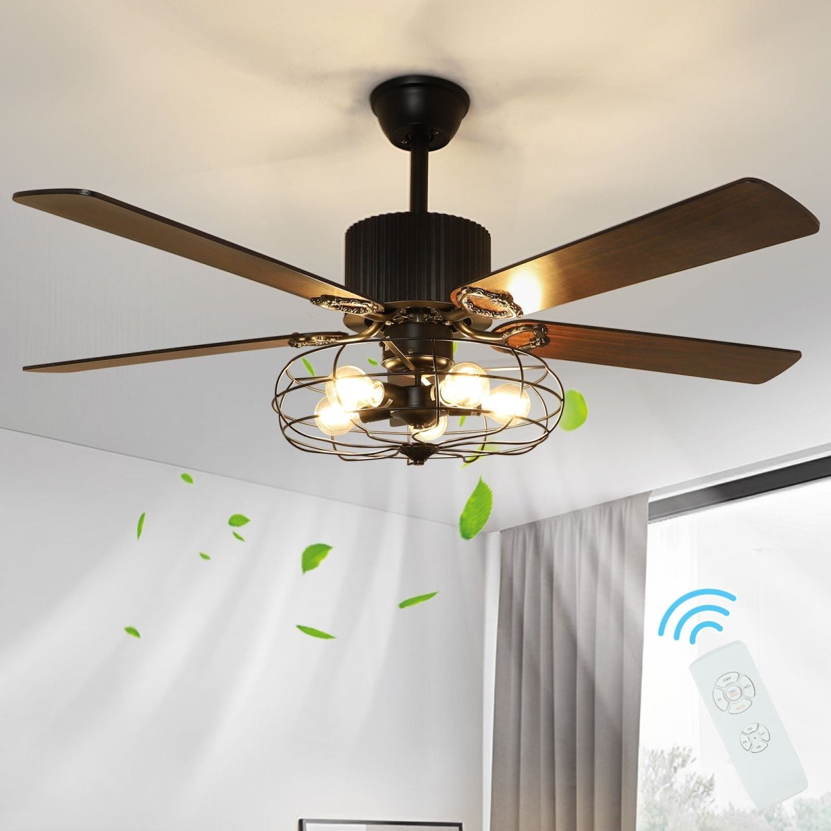 Depuley 52'' Caged Industrial Ceiling Fan with Light, Farmhouse Black Ceiling Fan with 5 Reversible Plywood Blades & Remote, Rustic Ceiling Fans Light Fixture for Bedroom, Timing, 5 E26 Bulbs Not Incl. - WS-FPZ21-60B 1 | DEPULEY