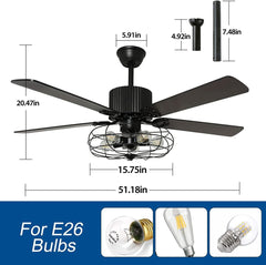 Depuley 52'' Caged Industrial Ceiling Fan with Light, Farmhouse Black Ceiling Fan with 5 Reversible Plywood Blades & Remote, Rustic Ceiling Fans Light Fixture for Bedroom, Timing, 5 E26 Bulbs Not Incl. - WS-FPZ21-60B 3 | DEPULEY