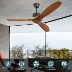 Depuley 52'' Ceiling Fan, Indoor Ceiling Fan with Remote Two Downrods, Solid Rubber Wood 3-Blade Ceiling Fans, AC Motor Retro Wood Ceiling Fan Without Light for Living Room & Covered Outdoor, Timer, Brown - WS-FPZ18-60B 3 | DEPULEY