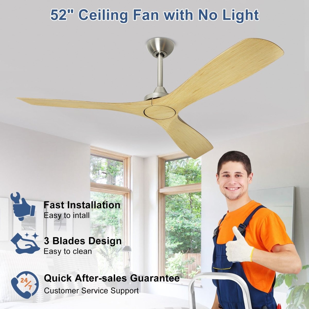 Depuley 52 Inch Remote Ceiling Fan Without Light, Low